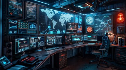 Fototapeta premium Modern workspace with multiple screens, representing digital productivity and multitasking.