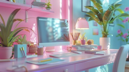 Pastel-themed workspace with office supplies, representing creativity and organization.