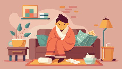 Sick Woman Wrapped in Blanket on Couch, Surrounded by Remedies in Cozy Living Room