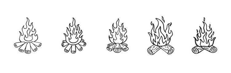 Doodle campfire for camp set. outline fire camping, hand drawn campfire for outdoor activities
