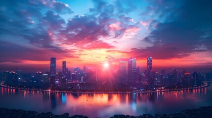 Fototapeta premium Cityscape with a digital overlay, symbolizing the integration of technology in urban development and finance.