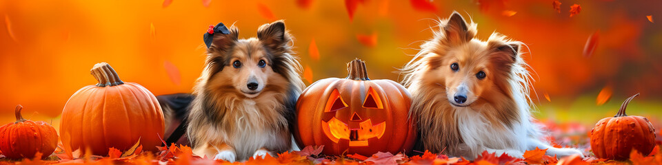 Naklejka premium Halloween cute Shetland Sheepdog Sheltie Collie puppy dog, carved jack-o'-lanterns, pumpkin, banner copy space horizontal
