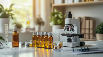 Scientist examines bottles of essential oil extracts with a microscope in a lab