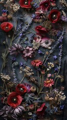Fototapeta premium A colorful collection of flowers arranged meticulously against a deep backdrop, showcasing their natural beauty and textures