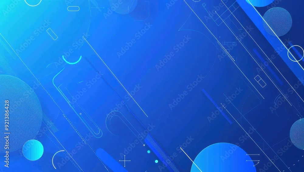 Poster blue background with lines and shapes in blue, flat design style, simple shapes generative ai