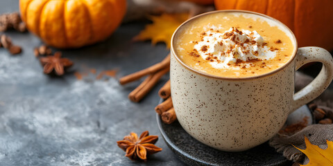 Professional food photography: delicious pumpkin spice latte macchiato coffee fall themed serving with cinnamon, ginger, nutmeg, anise, allspice, and cloves. Autumn concept. copy space