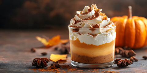 Professional food photography: delicious pumpkin spice dessert fall themed serving with cinnamon, ginger, nutmeg, anise, allspice, and cloves. Autumn concept. copy space