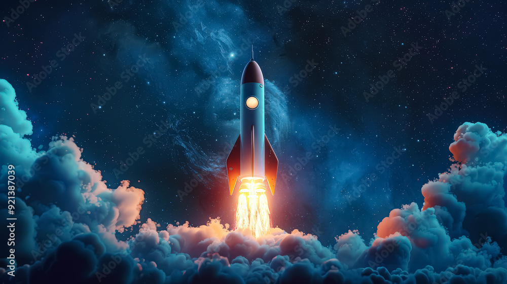Aufkleber a rocket is flying through the sky with a bright light trailing it. the image has a sense of wonder 