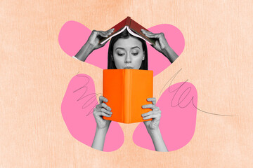 Creative trend collage of funny female reading book education study college information bizarre...