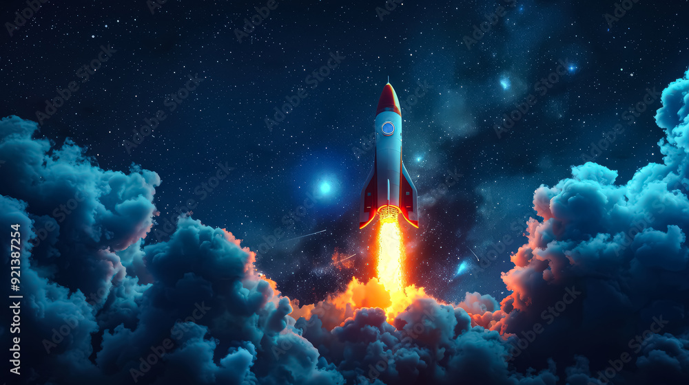 Poster a rocket is flying through the sky with a bright light trailing it. the image has a sense of wonder 