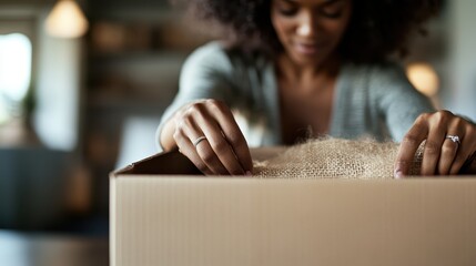 A woman intently unpacks a box, her focus and engagement evident as she carefully arranges items, highlighting concepts of new beginnings, organization, and anticipation.