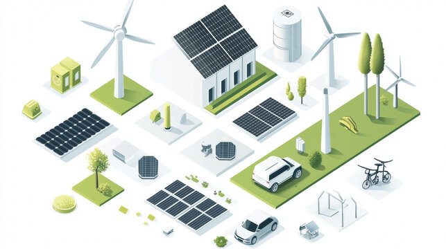 Alternative energy sources like windmills, solar panels, and electric vehicles are shown in this image. These green energy sources are depicted in an isometric style on a white background.
