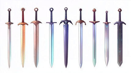 Fototapeta premium Simple Modern Cartoon Fantasy Styled Drawn Sword Set Isolated on Blank White Generative Illustration