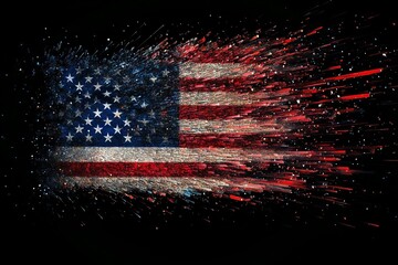 Focused Digital Explosion American USA Flag Isolated on Blank Black Generative Illustration