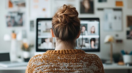 A woman seen from behind works on a computer, with images of various faces displayed on the screen in a personal yet highly connected workspace, symbolizing social connection.