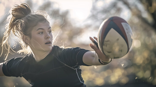 Female rugby player throwing a ball.