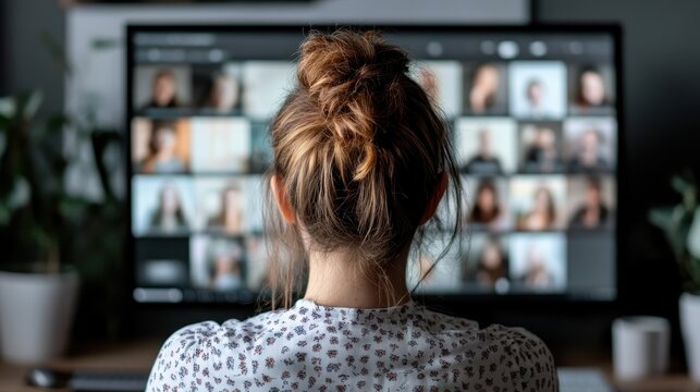A woman seen from behind focuses on a large video conference displayed on a computer screen, indicating modern communication, remote work, and digital interaction.