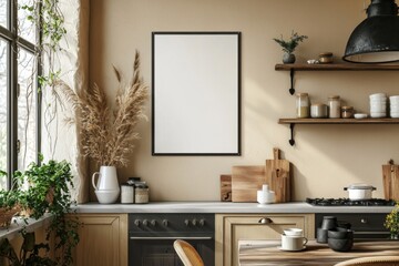 Minimalist Kitchen interior with Poster Mockup created with Generative AI