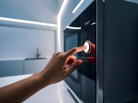 Dedo tocando suavemente el bot&oacute;n de inicio de un elegante y moderno horno microondas
