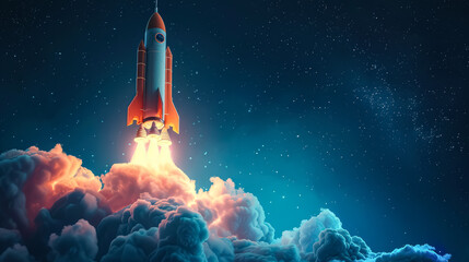 Fototapeta premium A rocket is flying through the sky with a bright light trailing it. The image has a sense of wonder and excitement, as if the viewer is witnessing a moment of great achievement or adventure