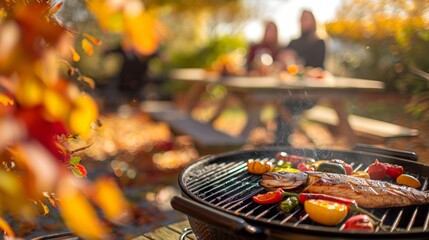 Grilled fish with vegetables on a BBQ in a beautiful autumn setting with people in the background. Concept of outdoor cooking, fall picnic, social gathering, seasonal cuisine