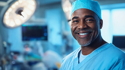 African American, male, surgeon, smiling, hospital operating room background,