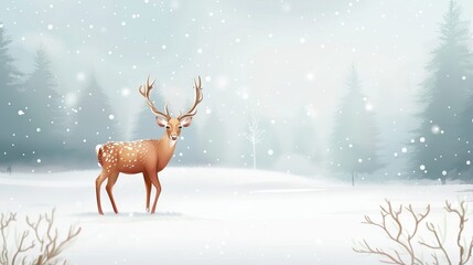 Cute Christmas deer in a snowy winter forest. Concept of holiday season, winter wonderland, festive nature, and wildlife in snow.. Cartoon illustration. Greeting card, postcard with copy space