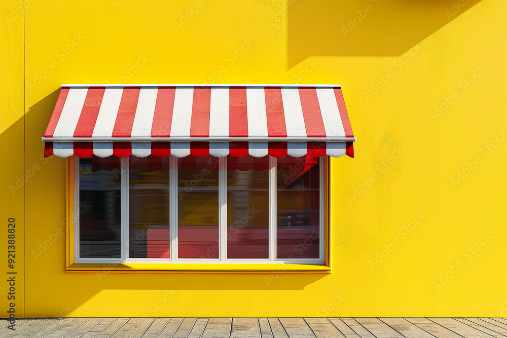 Poster a yellow building with a red and white awning. the awning is open and the window is closed
