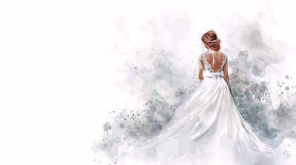 Beautiful bride wearing a flowing white wedding dress in a dreamy pastel background. Concept of bridal fashion, wedding day, romance, elegance. Watercolor art. Copy space