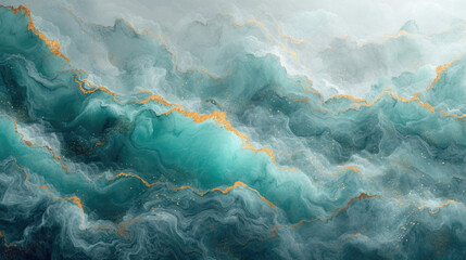 Elegant Abstract Wavy Watercolor Painting Texture Background Design with Teal Waves and Gold Accents – Luxurious Decorative Storm Ocean Sea Flowing Backdrop for Modern Artistic and Creative projects