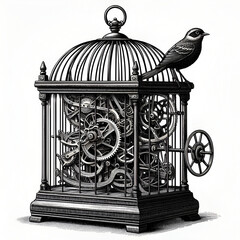 Obraz premium Vintage Antique Victorian Mechanical Birdcage Clock Illustration 