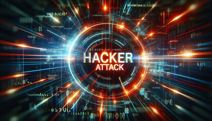 Obraz premium Digital representation of a cyber attack with central 'HACKER ATTACK' text amidst data and network images.