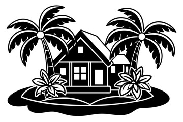 Tropical Island and Beach House Silhouette Clipart - Vector SVG Files, Cricut Files, Graphic Element, T-Shirt Graphics