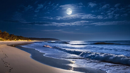 Fototapeta premium A tranquil full moon night over a peaceful ocean, with gentle waves lapping the sandy shore. Ideal for backgrounds, nature-themed designs, and relaxation concepts.