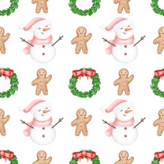 Christmas snowman.  Watercolor  festive  seamless pattern for Christmas and New Year.Holiday  illustration.Holiday packaging.Snowman decor.Print for gifts.
