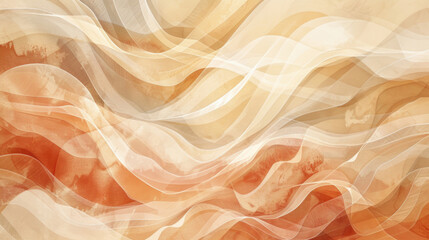 Elegant Abstract Soft Watercolor Painting Texture Background with Wavy Translucent Lines in Warm Earth Tones – Luxury Orange White Waves Wallpaper, Modern Paint Backdrop Design for Creative Projects