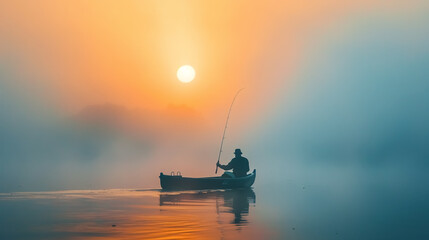 Fisher fishing at sunrise in foggy conditions.