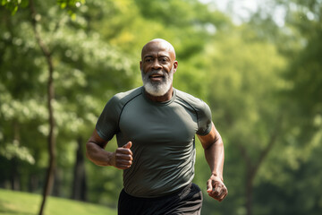 Bald fit older African American man with a gray beard jogging in the park