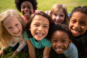 Fototapeta premium Diverse group of preschoolers, smiling up at the camera