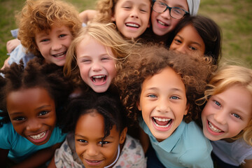 Diverse group of preschoolers, smiling up at the camera