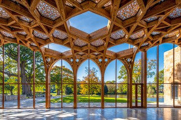 Geometric wood frame hexagonal lattice ceiling with arched windows, interior design architecture, exhibit hall, gathering space, open, light