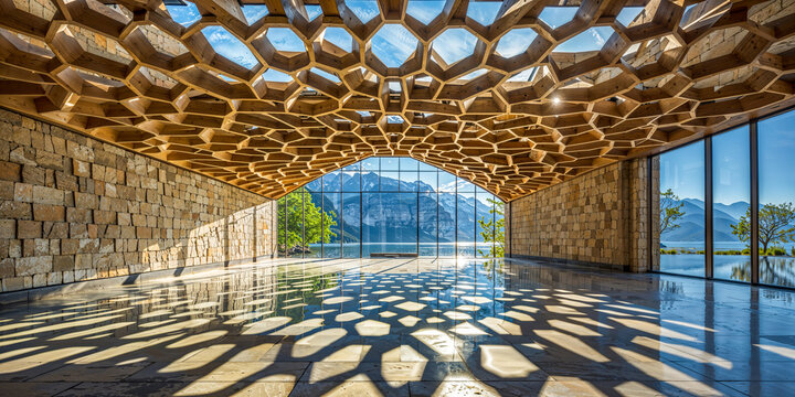 Geometric wood frame hexagonal ceiling with stone block walls, interior design architecture, exhibit hall, gathering space, open, light