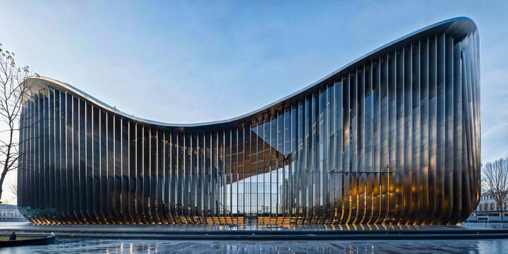 Modern undulating glass and metal building exterior design, vertical fins, dynamic facade, fluid organic architecture shape, exhibit hall
