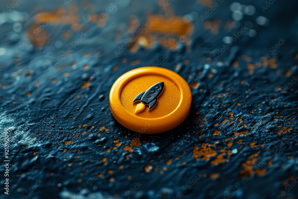 Poster a yellow button with a rocket on it sits on a dark surface. the rocket is drawn in a cartoon style, 
