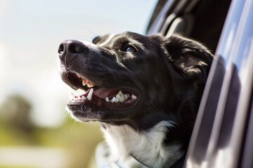 Obraz premium A dog is sitting in a car window with its mouth open and teeth showing, generative ai.
