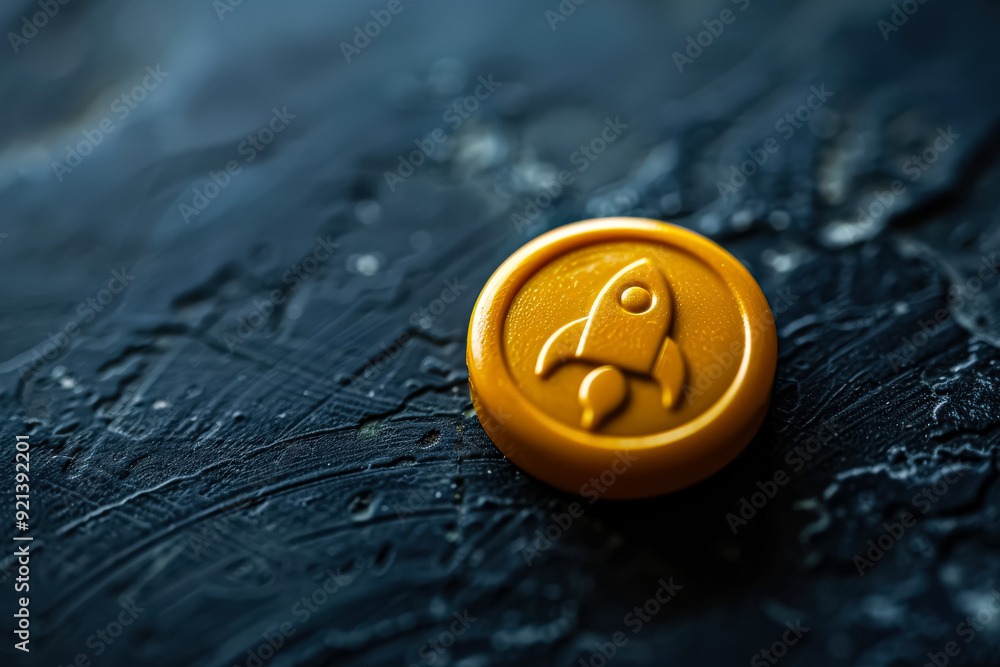 Poster a yellow button with a rocket on it sits on a dark surface. the rocket is drawn in a cartoon style, 