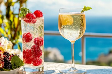 A glass of wine and a glass of sparkling water with a garnish of raspberries