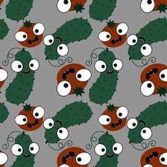 Fototapeta premium Autumn vegetable seamless tomatoes and cucumbers pattern for wrapping paper