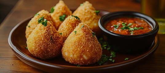 A plate of fried food with a sauce on the side