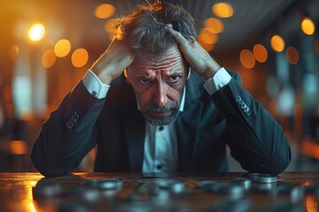 Displeased businessman at table, facing failure crisis in business on light background